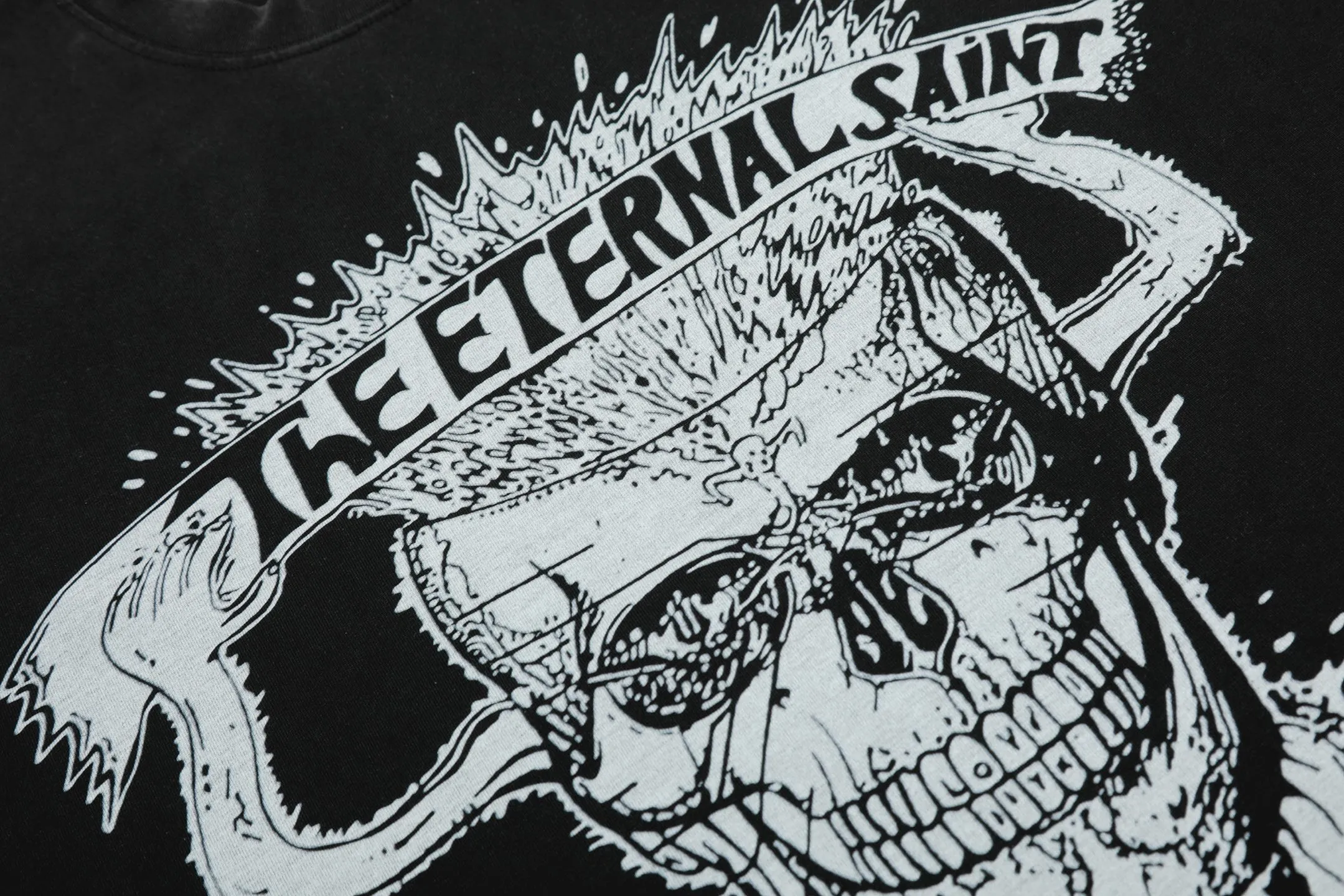 VT9243 P140💰 SAINT Michael Cartoon Skull "Eternal Saint" Punk Style Printed Retro Washed Distressed Short Sleeve T-shirt Small Neck Design White Ink Digital Direct Printing High Street Retro Heavy Duty Distressed Vintage Short Sleeve Size: S M L XL